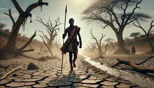 Tembo camina por un lecho de río seco y agrietado, con el sol golpeando su piel mientras busca a Nkisu para que traiga la lluvia a su pueblo.