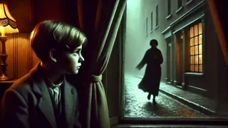 Un niño pequeño asomándose desde detrás de una cortina, observando a una niña en una calle neblinosa de Dublín.