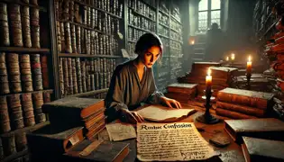 Sala de archivo débilmente iluminada en Linz, Austria, donde Maria Seidel examina antiguos manuscritos sobre la leyenda del Krampus a la luz de las velas.