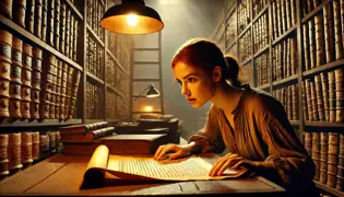 Una sala de archivos débilmente iluminada, donde Lena Bergmann despliega un antiguo manuscrito, su rostro iluminado por el resplandor de una lámpara de escritorio.