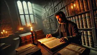 Una sala de archivos débilmente iluminada donde Willem Veldkamp lee un antiguo manuscrito bajo la luz titilante de las velas, con un semblante tenso.