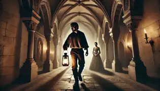 Un pasillo tenuemente iluminado dentro del Castillo de Buda, donde Erik Kovács camina con una linterna, observado por una débil figura fantasmagórica en la oscuridad.