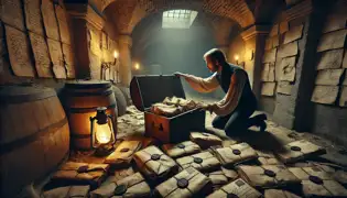 Daniel Vos abre un antiguo cofre de madera en una cámara oculta, revelando cartas cubiertas de polvo selladas con el emblema de Lady Elise.