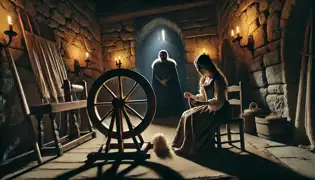 Una cámara tenuemente iluminada en el Castillo Veliki Tabor, donde Marija está sentada junto a un hilo de hilar, temblando mientras el Conde Matija la observa desde la puerta.