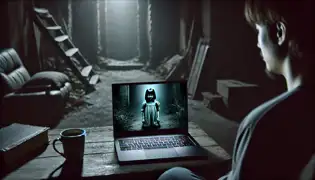 Un explorador observa un inquietante video en su laptop, donde aparece una niña espectral vestida con ropas desgastadas, mirándola a la cámara con una sonrisa perturbadora.