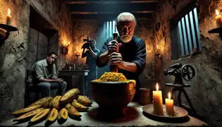 El Brujo, un enigmático chef, prepara El Mofongo Dorado a la luz tenue de las velas, mientras Gabriel Santos lo observa con inquietud.