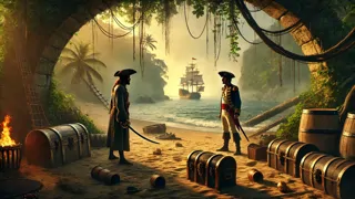 Dos barcos enfrentados en combate frente a una costa caribeña iluminada por el sol, mientras el estruendo de mosquetes y cañones resuena en el aire.