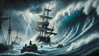 Un barco pirata luchando contra una violenta tormenta en el Caribe, con olas que se desploman sobre la cubierta.