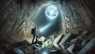 Elena Vega en una cueva con petroglifos resplandecientes y una piscina cristalina que refleja un orbe luminoso pulsante.