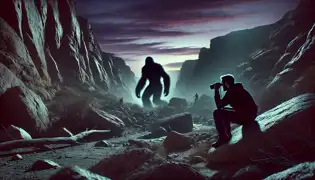 A hiker crouches behind rocks, watching a shadowy figure resembling the Mogulon Beast in a dusky canyon.