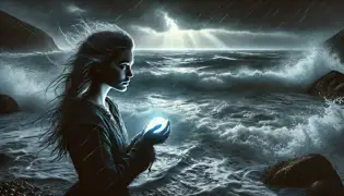 Una Sigrún mayor se encuentra en una costa tempestuosa, soltando una perla al mar mientras Alrek aparece, con los ojos llenos de emoción y anhelo.