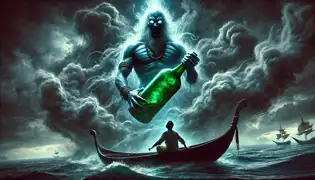 Un imponente Djinn emerge de un oscuro humo que gira, mientras Malik, sentado en su bote de madera, mira hacia arriba con asombro, aferrándose a la antigua botella.