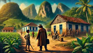 Una escena de un pueblo cubano donde un extraño con sombrero se acerca a un joven guía en medio de campos de tabaco y casas rústicas.
