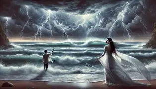 Una noche tempestuosa en la playa de Haeundae, con olas rompiendo furiosamente. Soorin, envuelta en una túnica etérea, y Joon, extendiendo la mano hacia ella, lleno de tristeza.