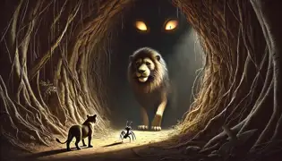 Mwamba hesitates at a dark cave’s entrance, glowing eyes in the shadows, while Kalulu fearlessly scuttles forward.