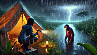 Teresa stellt sich dem leuchtäugigen Affen in einem regengetränkten Sturm der Everglades, während Blitze den Nachthimmel zerreißen.