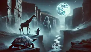 Nkanyezi se encuentra con Bheki, la tortuga, en la Cresta de los Ecos, donde la luz de la luna ilumina las rocas irregulares y susurros llenan el viento.