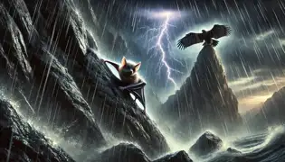 Un murciélago asciende por un acantilado en medio de la tormenta hacia el águila, mientras los relámpagos iluminan el cielo y la lluvia y el viento arremeten a su alrededor.