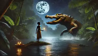 Nzinga se enfrenta al resplandeciente Espíritu Cocodrilo bajo el cielo iluminado por la luna, sumergida hasta la cintura en el río Cuanza.