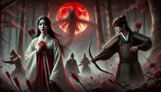 Yeonhwa se encuentra desconsolada en un claro del bosque, mientras los cazadores reales apuntan con sus flechas. Seo Jun observa con remordimiento bajo una luna roja.