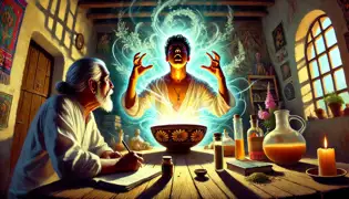 Isidro realiza un ritual con un cuenco resplandeciente de Flor de Vida, mientras Caleb lo observa maravillado, rodeado de sombras y hierbas.