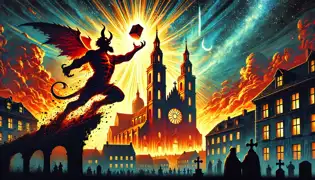 Lucifer lanza un enorme pilar de piedra con rabia mientras las campanas de la catedral suenan y una luz divina ilumina Brno.