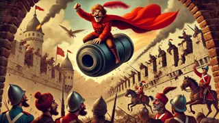 Baron Munchausen riding a cannonball over the battlefield of Belgrade