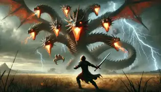 Bálint se enfrenta al Dragón de Nueve Cabezas en un campo tempestuoso, empuñando su espada encantada mientras los relámpagos iluminan el cielo.