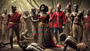 Yaa Asantewaa, encadenada, se mantiene desafiante mientras los soldados británicos se preparan para llevarla, mientras los habitantes de la aldea ashanti observan con tristeza.