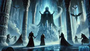 Louhi, envuelta en sombras, se enfrenta a los tres héroes en su Fortaleza de Hielo, lanzando poderosos hechizos de escarcha contra ellos.