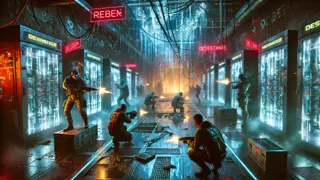 Una sala de servidores subterránea con poca iluminación, donde los rebeldes, ocultos tras coberturas improvisadas, disparan a los troopers corporativos armados bajo luces rojas de emergencia.