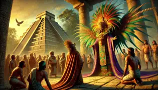 K'uk'ulkan, revêtu de ses robes en plumes de quetzal, se tient aux portes de Tikal alors que les villageois se rassemblent, émerveillés.
