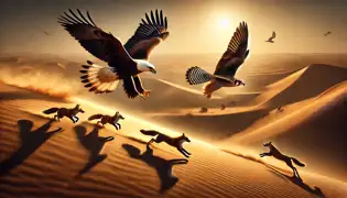Un aigle et un faucon s'élancent à toute vitesse à travers les dunes dorées du désert ; l'un plane haut dans le ciel tandis que l'autre file près du sol, en pleine compétition pour la suprématie.