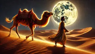Idris sigue al Camello Dorado bajo la luna llena, su abrigo resplandeciente iluminando las dunas del desierto de Fezzan.