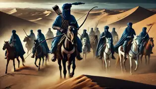 Danjuma se mantuvo firme mientras los guerreros tuareg a caballo lo rodeaban en el desierto, con sus espadas brillando bajo el implacable sol.