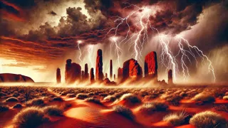 Guardianes ancestrales enfrentándose a una tormenta sobre Uluru