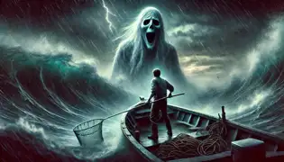 Elías Jn-Pierre se enfrenta al Pescador Fantasma en medio de una tormenta, aferrándose a la red maldita mientras las olas chocan a su alrededor en un dramático enfrentamiento final.