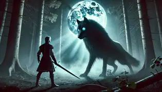 El Príncipe Radu se mantiene firme en un bosque iluminado por la luna, frente al inmenso Lobo Negro, cuyos ojos resplandecientes oscilan entre la ira y la tristeza.