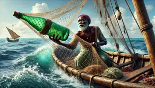 Malik, en su bote, recoge una red de pesca y descubre una misteriosa botella verde antigua enredada en ella, sintiéndose curioso y cauteloso.