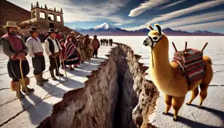 Una llama dorada llamada Inti se encuentra frente a la Grieta del Diablo, mientras que los aldeanos y un explorador observan con anticipación en el Salar de Uyuni.