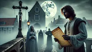 En el antiguo puente de piedra, Willem sostiene un pergamino antiguo mientras los espíritus de los condenados dudan, escuchando en silencio.