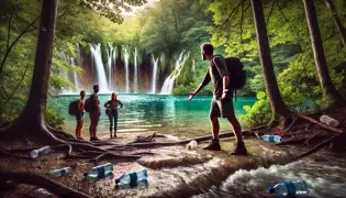 Un joven fotógrafo enfrenta con pasión a los turistas que arrojan basura cerca de un lago prístino en los lagos de Plitvice.