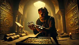 Yusuf se arrodilla en una cámara tenuemente iluminada bajo Al-Aqsa, sosteniendo una llave dorada ornamentada rodeada de antiguas reliquias.