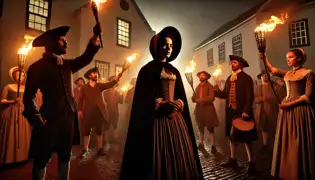 María de Koning se mantiene desafiante mientras una multitud enojada con antorchas se reúne en una aldea del Cabo por la noche, lista para condenarla.