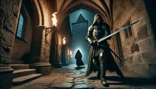 O Senhor Matej patrulha cautelosamente os corredores sombrios do Castelo de Karlštejn, em busca de um intruso encapuzado que se esconde nas sombras.
