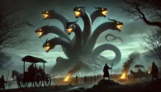 El Dragón de Nueve Cabezas se posa en una formación rocosa, sus ojos dorados brillantes observando a los asustados aldeanos abajo.