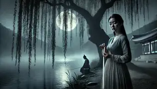 Seo Ha-eun espera bajo un sauce junto al río Han en la noche, sosteniendo una cinta, sin darse cuenta de que su esposo celoso la observa desde las sombras.