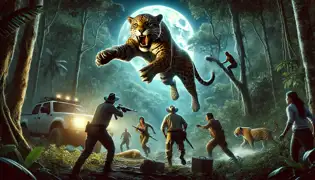 El jaguar guardián salta de los árboles por la noche, dispersando a los cazadores furtivos aterrorizados mientras la luz de la luna brilla sobre su pelaje dorado y sus garras afiladas.
