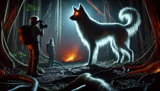 El Perro Fantasma emerge de las sombras de la selva, su forma semi-translúcida brilla mientras se enfrenta a dos humanos sorprendidos.