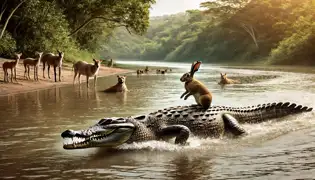 Un cocodrilo nada con fuerza a través del río, llevando a un conejo relajado sentado sobre su espalda, mientras los animales de la selva observan desde la orilla.